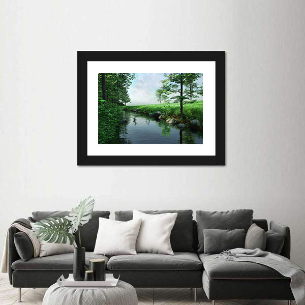 Green Meadow by a Winding Stream Canvas Wall Art