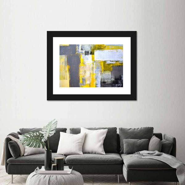 Layered Geometric Abstract with Yellow Bars Canvas Wall Art