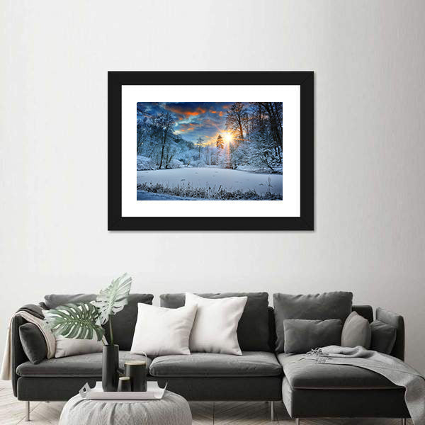 Spectacular Sunset Over Winter Forest Lake Canvas Wall Art