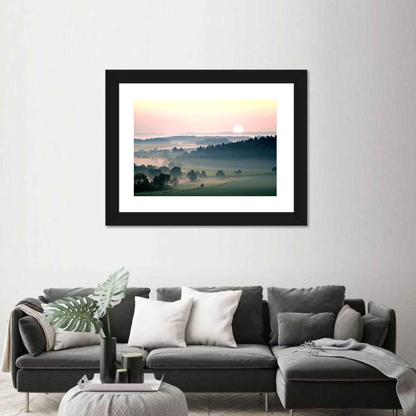 Misty Sunrise Over Layered Hills Canvas Wall Art