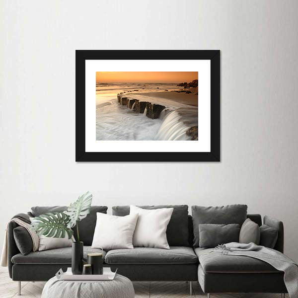 Waterfall By The Sea At Sunset Canvas Wall Art