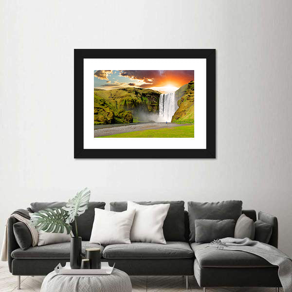 Skogafoss Waterfall At Sunset In Iceland Canvas Wall Art