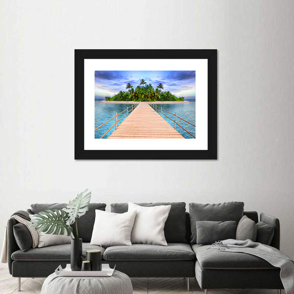 Wooden Pier to Tropical Maldives Island Canvas Wall Art