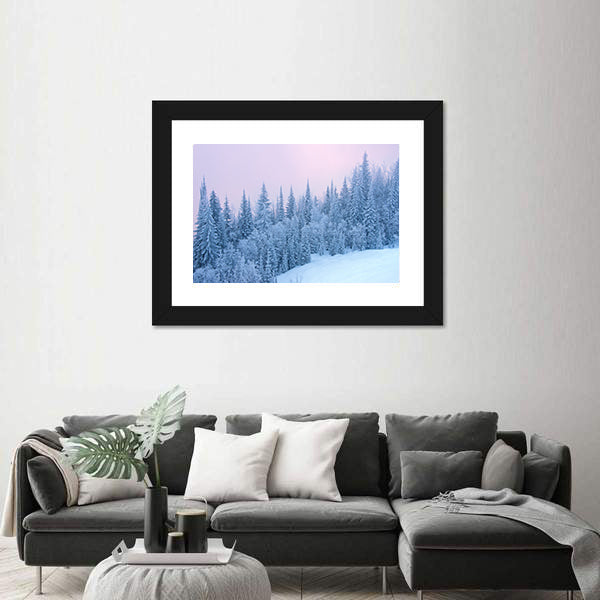 Winter Forest At The Sunset With Fog Canvas Wall Art