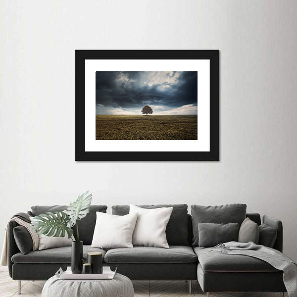 Tree In Field Under Storm Clouds Canvas Wall Art