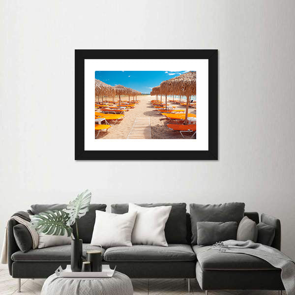 Greek Beach with Wooden Walkway and Orange Loungers Canvas Wall Art
