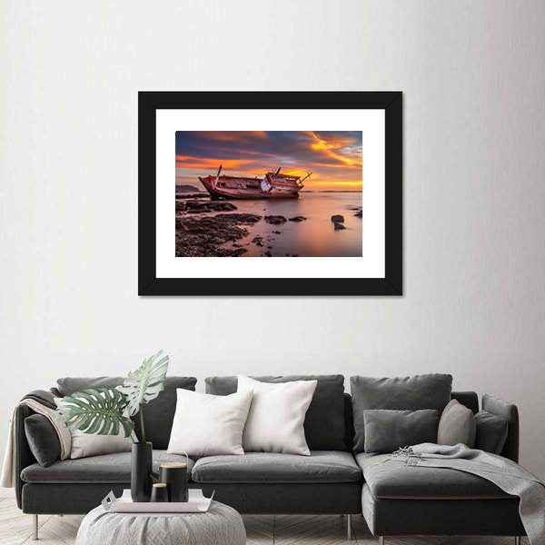Fishing Boat Moored On Beach At Sunset Canvas Wall Art