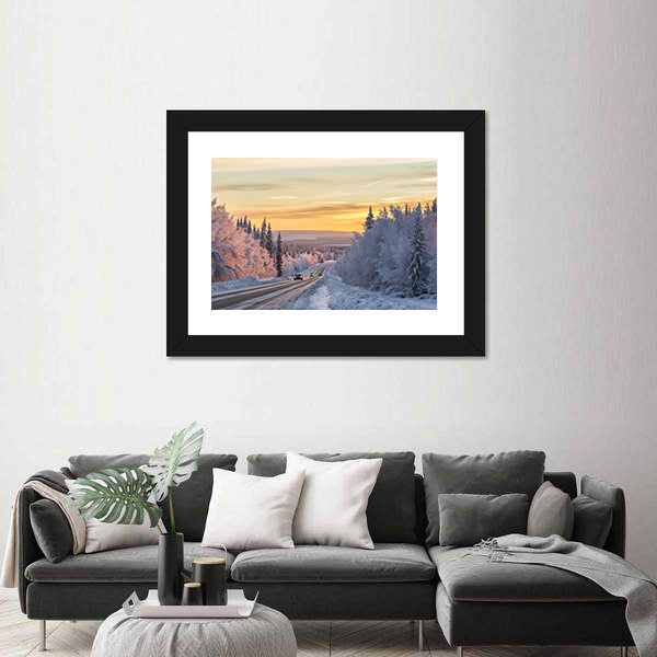 Winter Road In Northern Sweden Canvas Wall Art