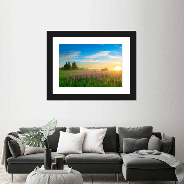Sunrise Over Blossoming Meadow Canvas Wall Art