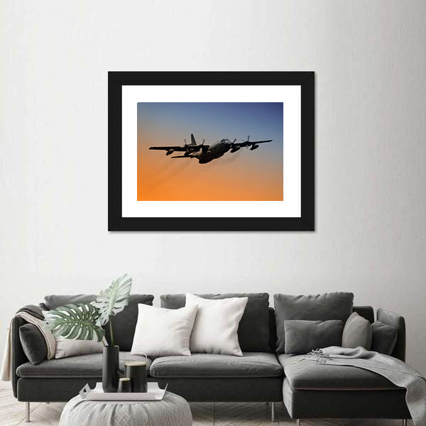 Military Airplane Flying Into Early Morning Sky Canvas Wall Art