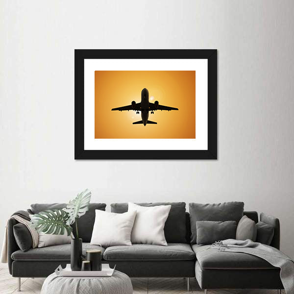 Airplane Silhouette Against the Sun Canvas Wall Art