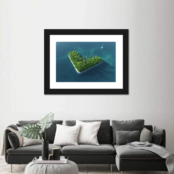 Heart-shaped Tropical Island with Sailboat Canvas Wall Art
