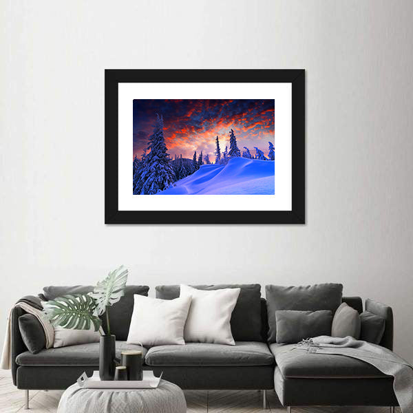 Snowy Winter Landscape At Sunset Canvas Wall Art