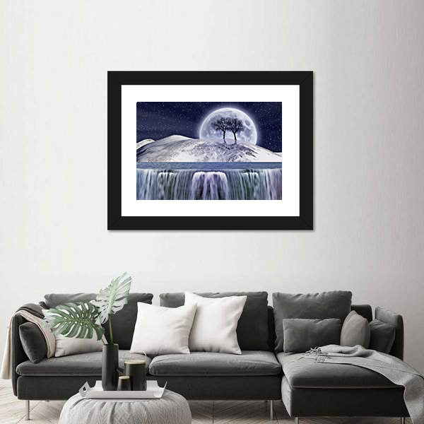 Winter Moonlight Landscape with Waterfall Canvas Wall Art