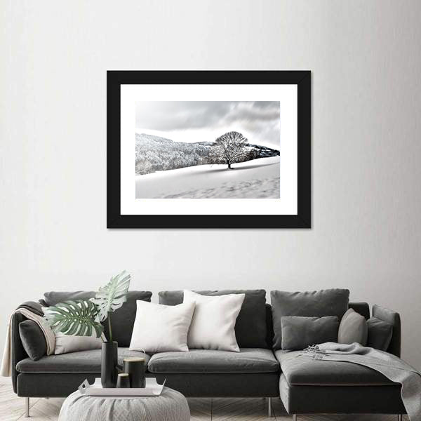 Lonely Tree In Snowy Landscape Canvas Wall Art