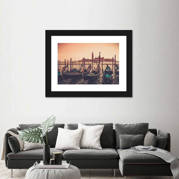 Gondolas Against Venice Panorama In Canal Canvas Wall Art