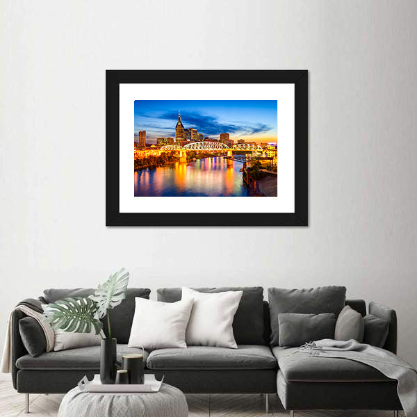 Nashville Skyline with Pedestrian Bridge at Dusk Canvas Wall Art