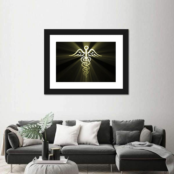 Golden Caduceus with Radiant Light Canvas Wall Art
