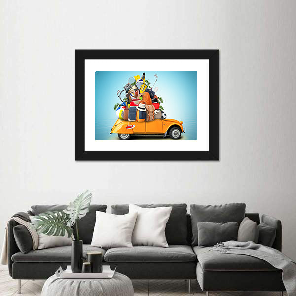 Yellow-orange 2cv with Overloaded Luggage Canvas Wall Art
