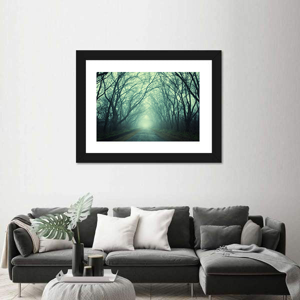 Mysterious Path In Dark Autumn Forest Canvas Wall Art