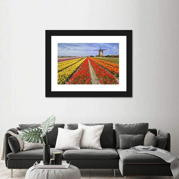 Colorful Dutch Tulip Fields with Windmill Canvas Wall Art