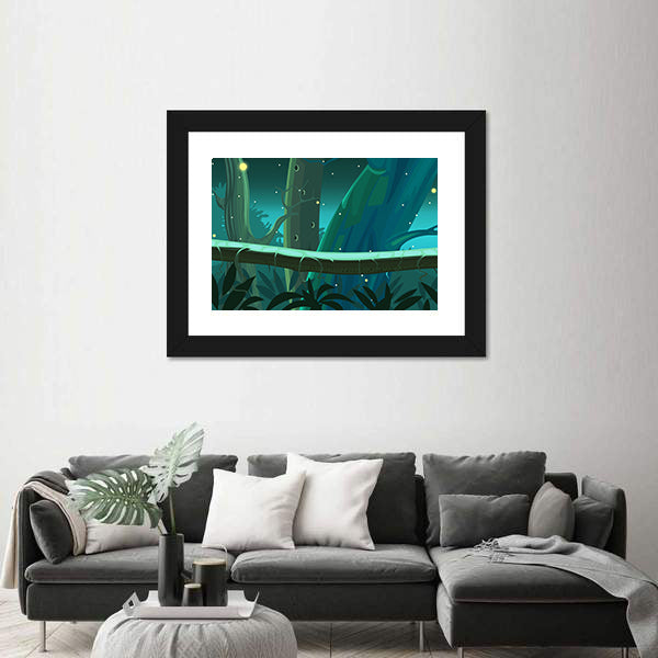 Mossy Tree Trunk with Glowing Fireflies Canvas Wall Art
