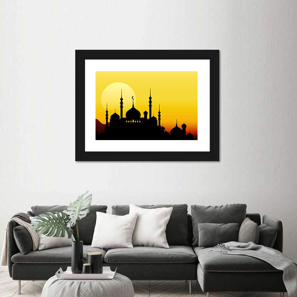 Ramadan Mosque Silhouette with Golden Sun Canvas Wall Art