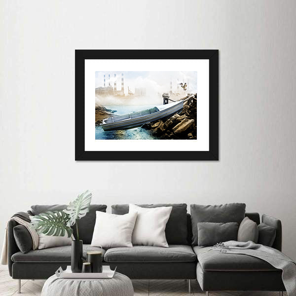 Weathered Boat at Industrial Shoreline Canvas Wall Art