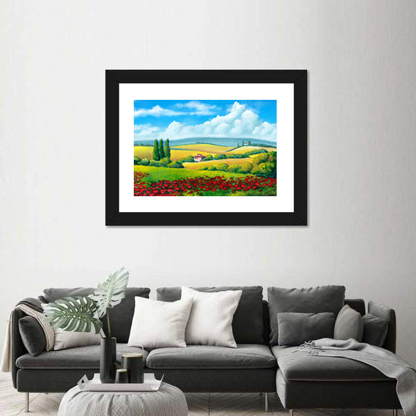 Tuscan Poppy Field with Cypress Trees Canvas Wall Art