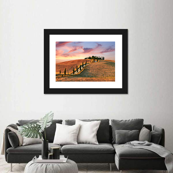 Hilltop Villa with Cypress Road at Sunset Canvas Wall Art