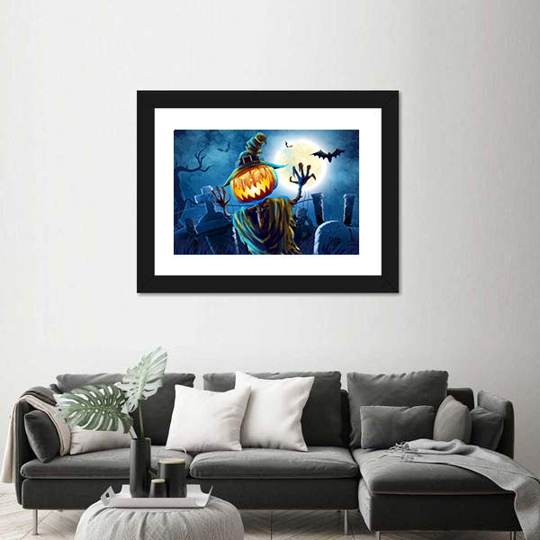 Pumpkin-headed Monster in Graveyard Canvas Wall Art
