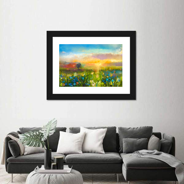 Sunset Over Wildflower Meadow Canvas Wall Art