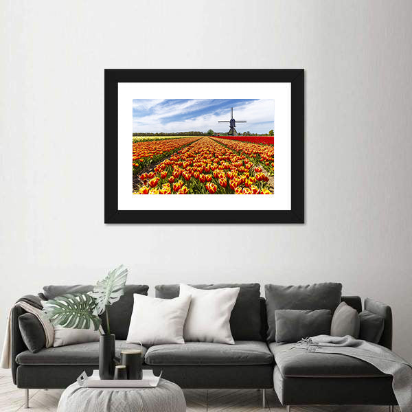 Colorful Tulip Field with Dutch Windmill Canvas Wall Art