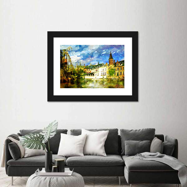 Belgian Canal in a Small Town Canvas Wall Art