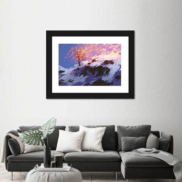 Lone Tree with Glowing Sparks at Twilight Canvas Wall Art