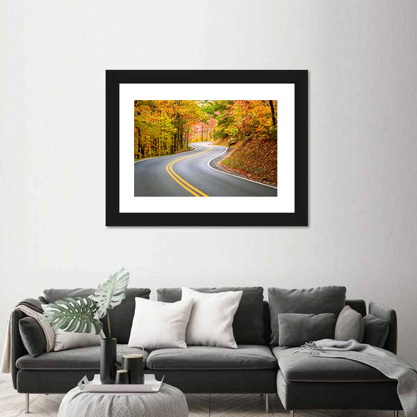 Winding Road Through Fall Forest In Appalachian Mountains Canvas Wall Art