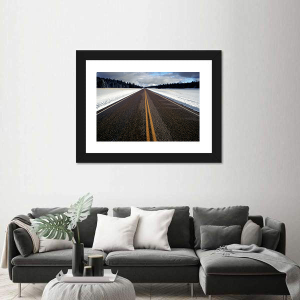 Straight Strip Of Road In Winter Canvas Wall Art