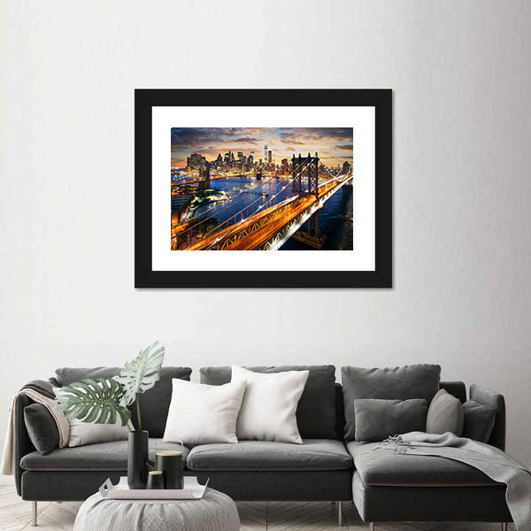 Manhattan Bridge and Skyline at Dusk Canvas Wall Art