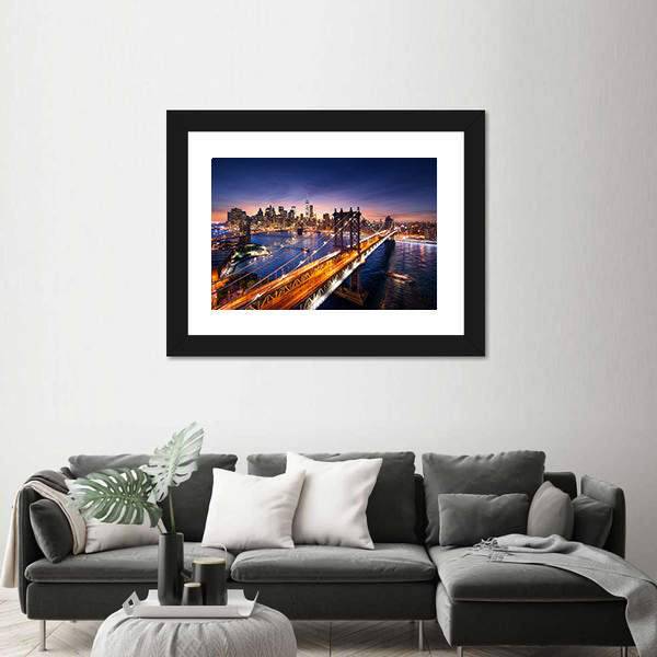 Dusk Over Manhattan Bridge Canvas Wall Art