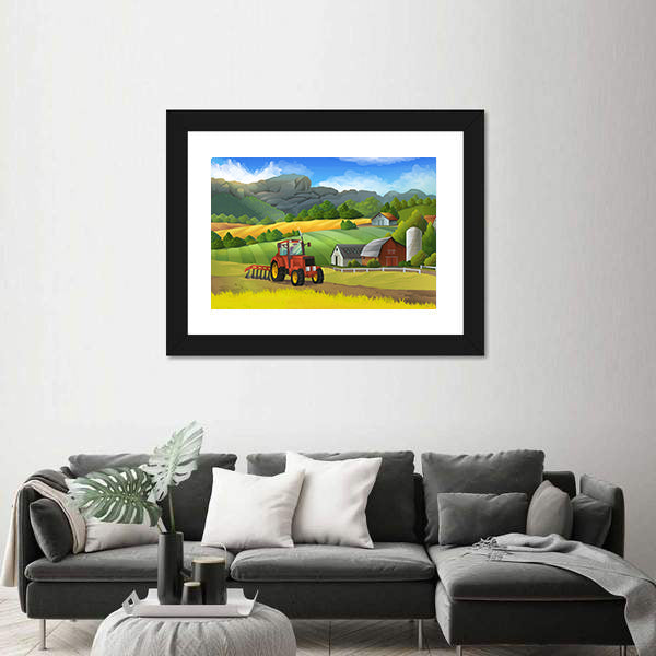 Red Tractor on Sunny Farm Landscape Canvas Wall Art