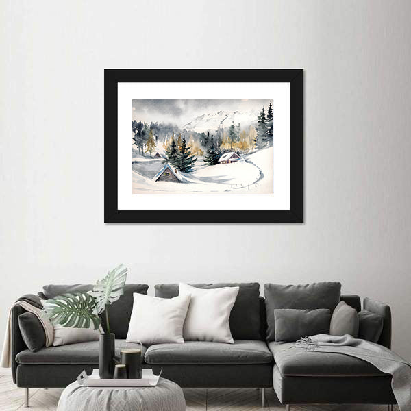 Snowy Mountain Village Canvas Wall Art