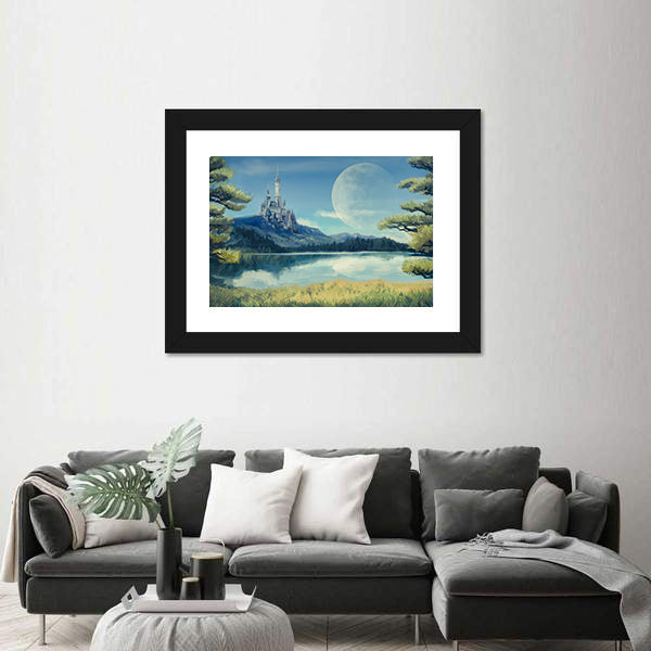 Gothic Castle by Moonlit Lake Canvas Wall Art