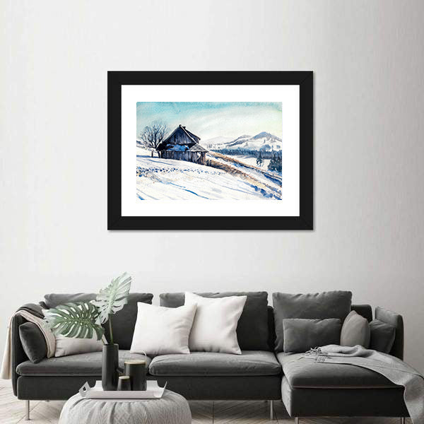 Small House In Winter Mountains Canvas Wall Art