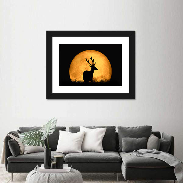 Deer Silhouette With Large Moon Canvas Wall Art