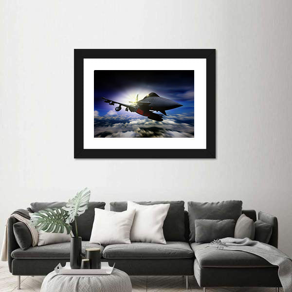 Military Jet Flying During Sunrise Canvas Wall Art