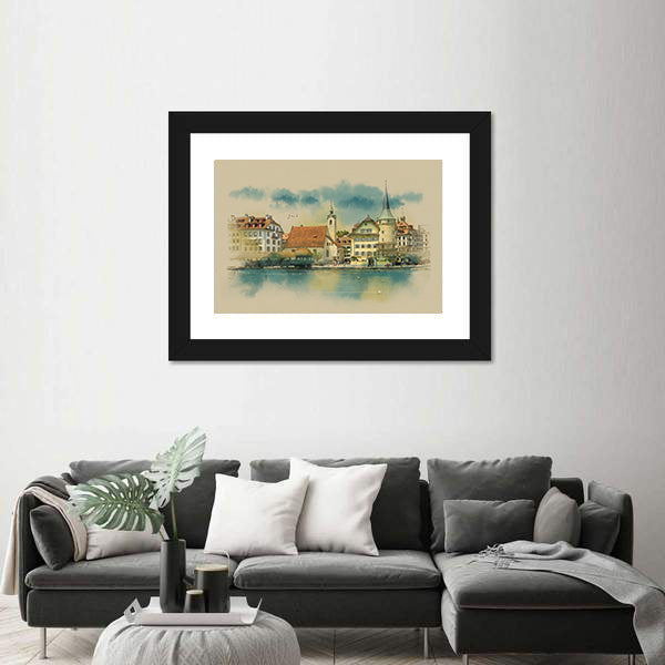 Sketch Of Lucerne Town In Switzerland Canvas Wall Art