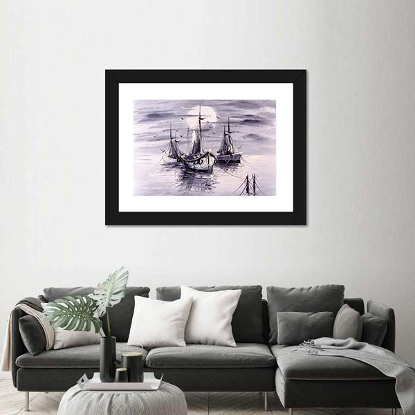 Moonlit Sailing Ships with Purple Reflections Canvas Wall Art