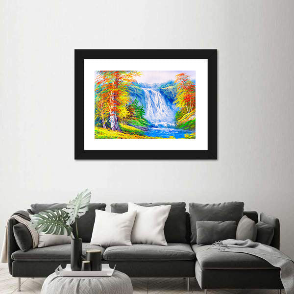 Autumn Waterfall with Colorful Foliage Canvas Wall Art