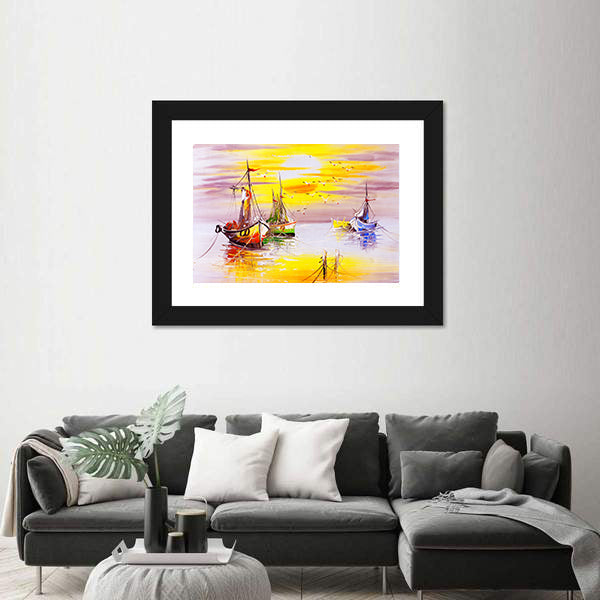 Boats With Sunset Canvas Wall Art