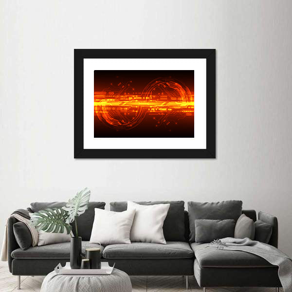 Orange Glowing Circuit Board Interface Canvas Wall Art